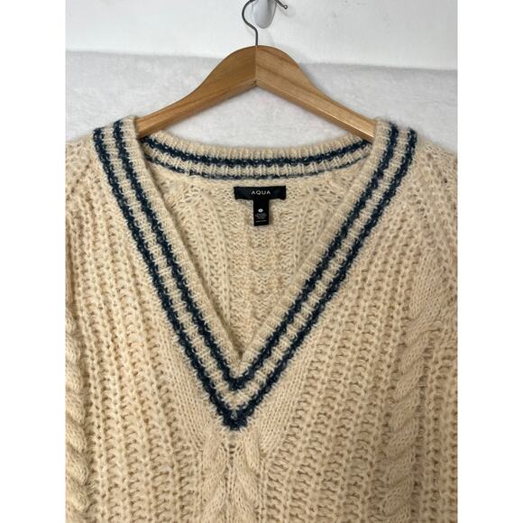 AQUA Cream Blue Vneck Varisty Wool Blend Sweater Preppy Gossip Girl College sz L - Picture 2 of 7